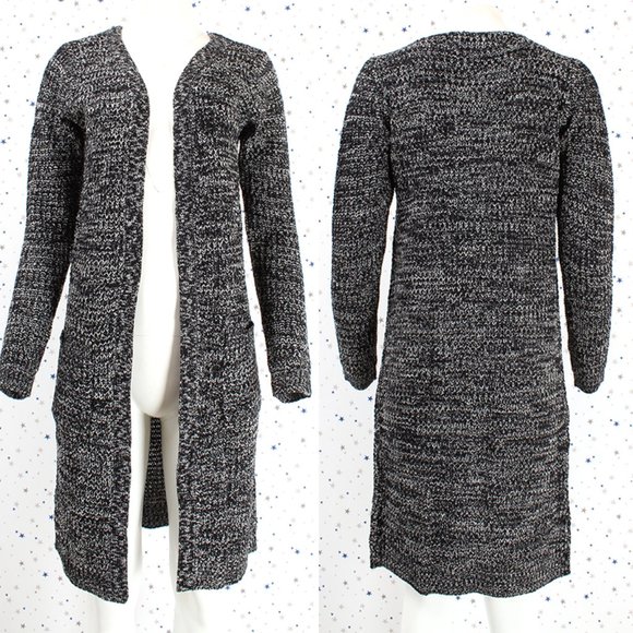 Black White Waffle Knit Duster Long Sweater Cardigan - Picture 1 of 7